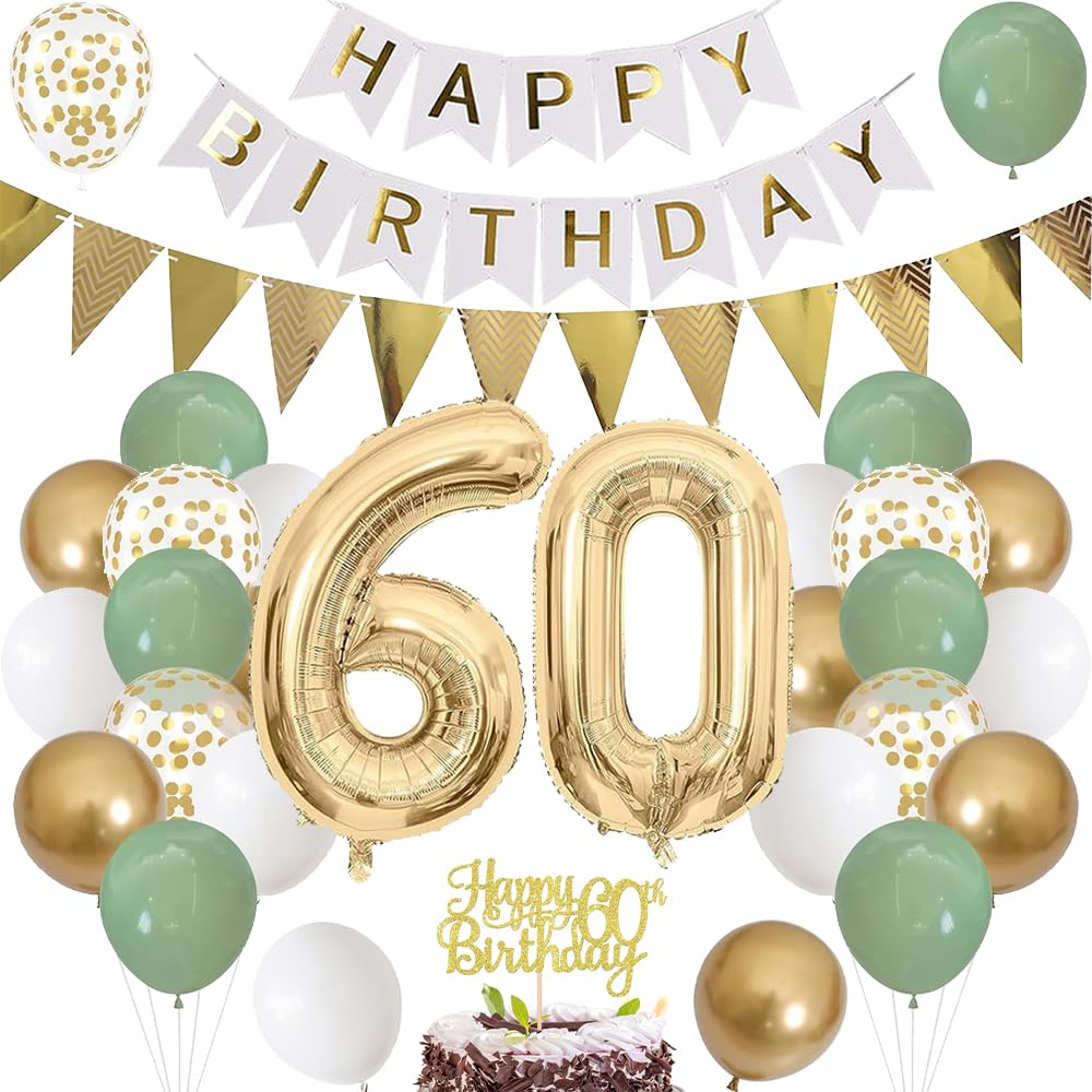 Luftballon 60. Geburtstag Salbeigrüne Folienballon Luftballon Zahlen 60. Geburtstagsdeko Männer Frau 60 Jahr Riesen Folienballon Zahl 60 Ballon 60 Deko zum Geburtstag Dekoration Grün Weiß Gold
