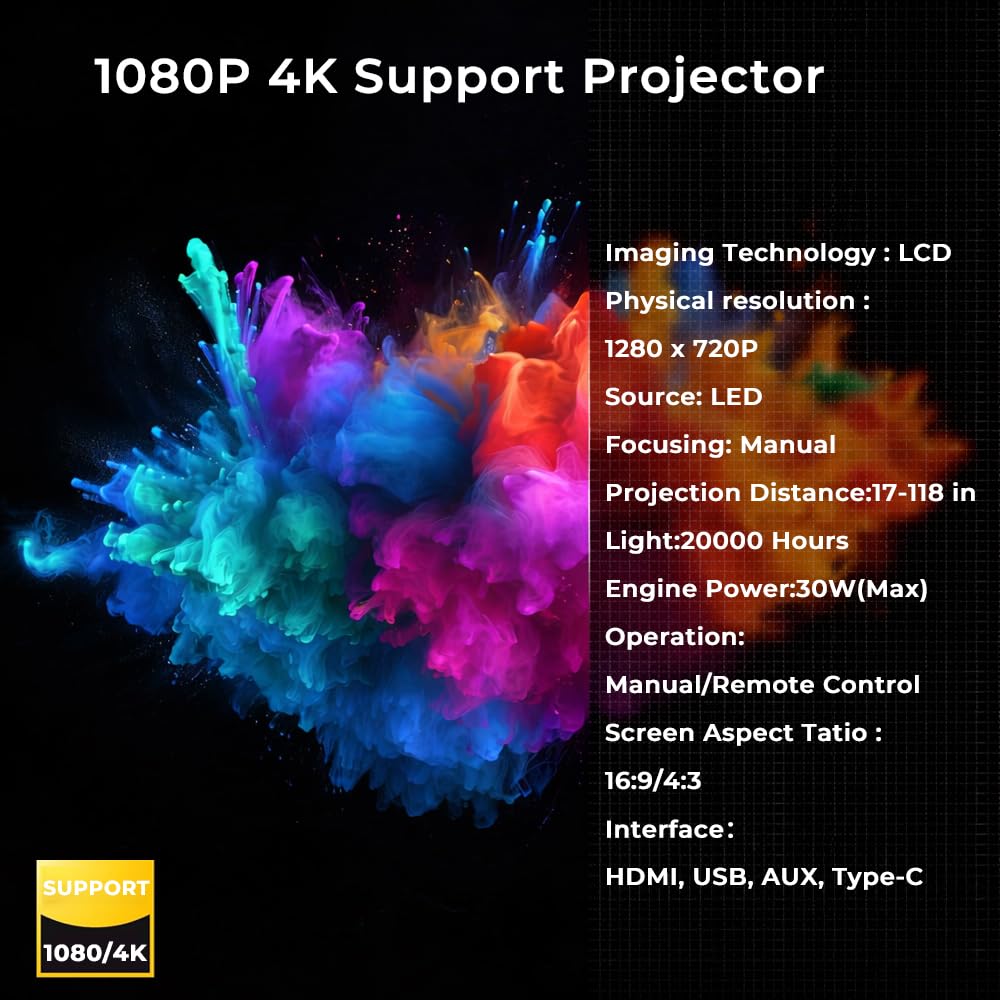Proiettore per auto, mini proiettore portatile per esterni con schermo da 9,1 m (16:9), supporta 4K HD, ideale per auto, viaggi e serate cinematografiche all'aperto