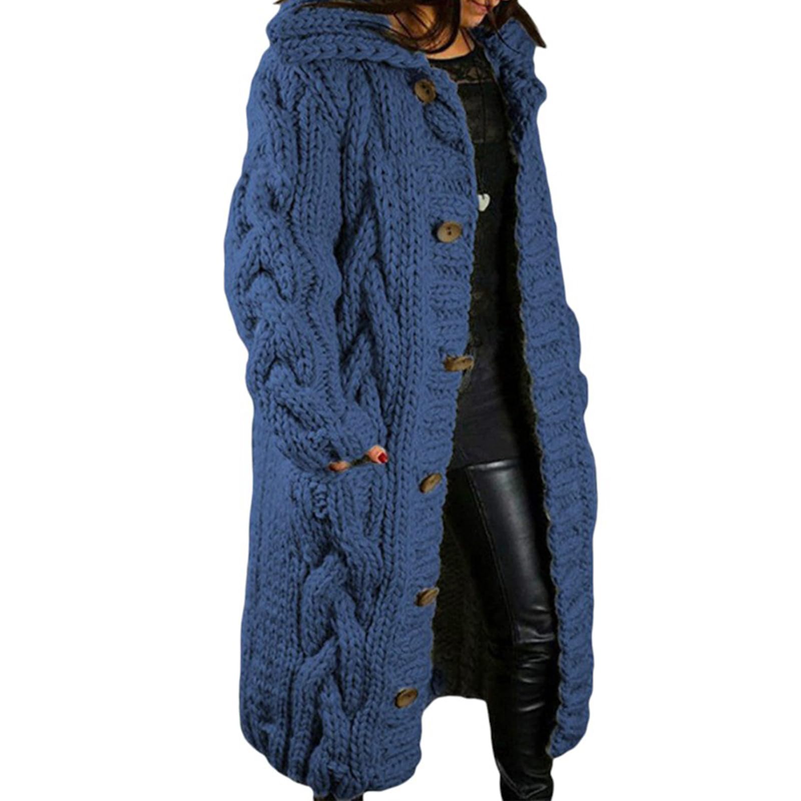 Long Knit Cardigan Sweater for Women Button Down Cable Knit Oversized Long Sleeve Fall Winter Coat with Pockets