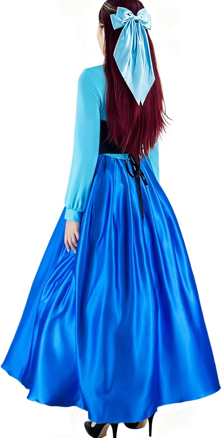 Poboola Ariel Costume Women Mermaid Princess Dress Adult Halloween Party Cosplay Blue Classic Fancy Dress with Headwear