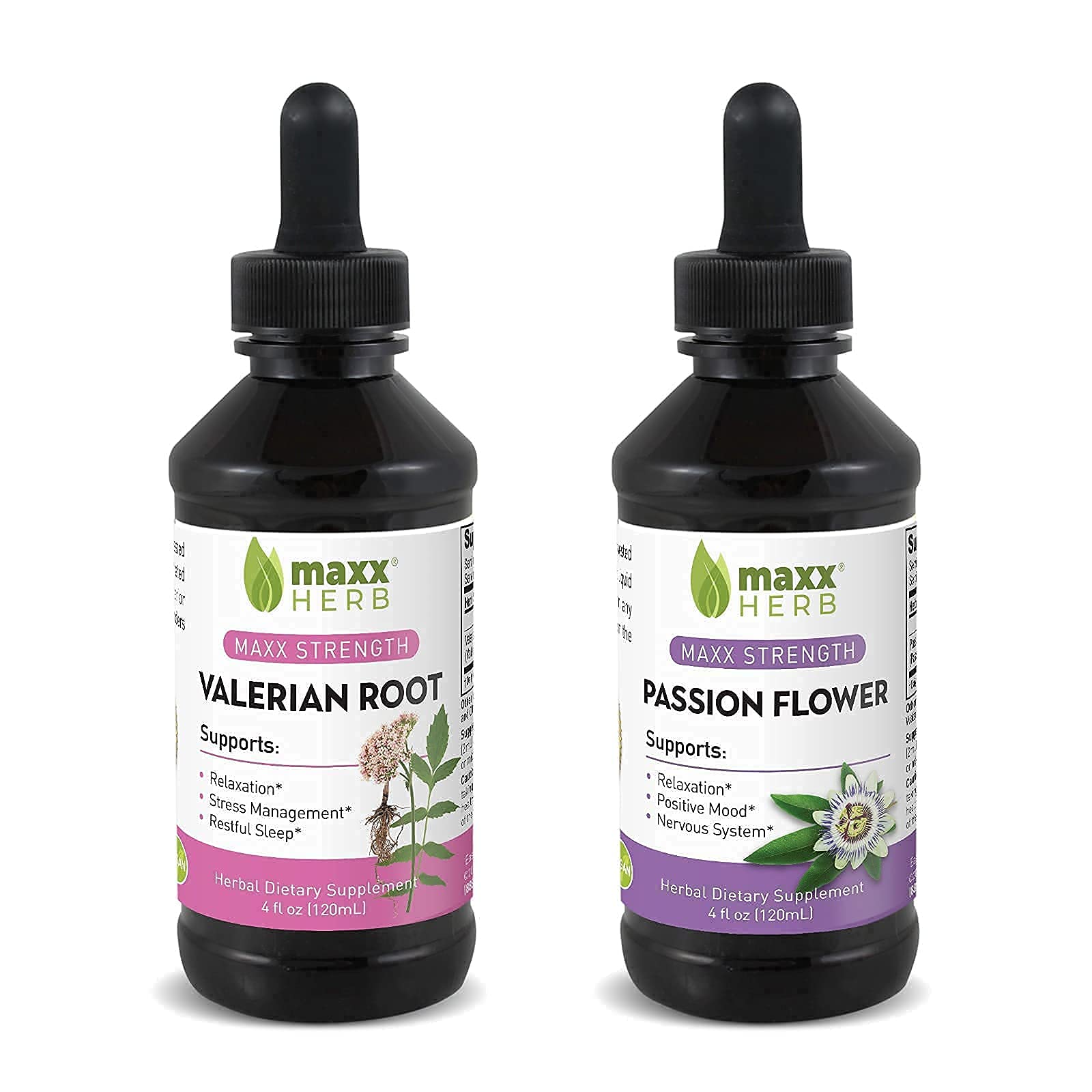 Better Sleep Bundle - Maxx Herb Passion Flower Extract + Valerian Root Extract - for Relaxation and Stress Management, Alcohol-Free - (1 Each) 4 Oz Bottle (60 Servings)