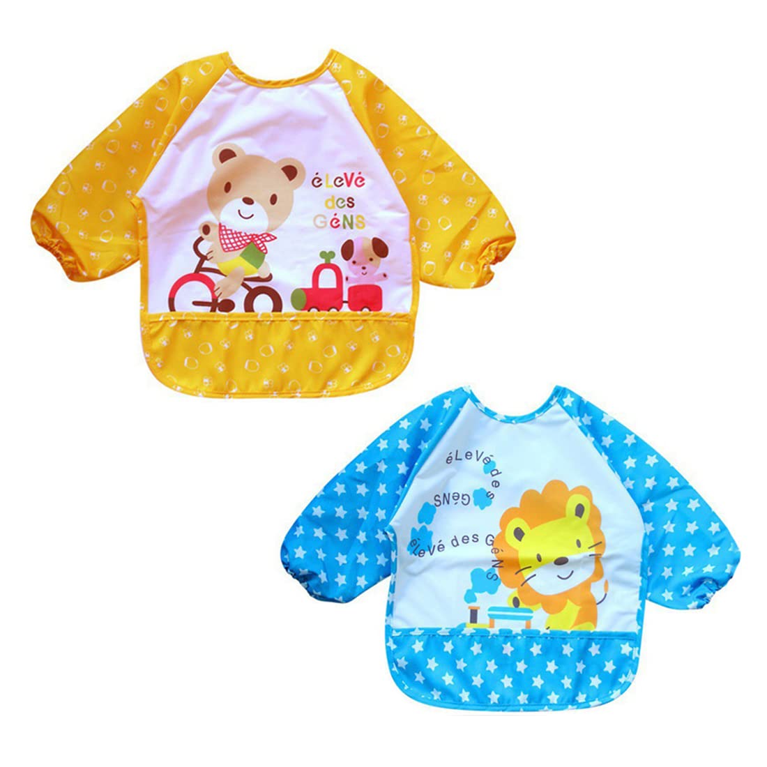 Tomedeks Bibs with Sleeves,2 Pcs Waterproof Long Sleeve Bib Unisex Feeding Bibs Apron for Infant Toddler 6 Months to 3 Years Old