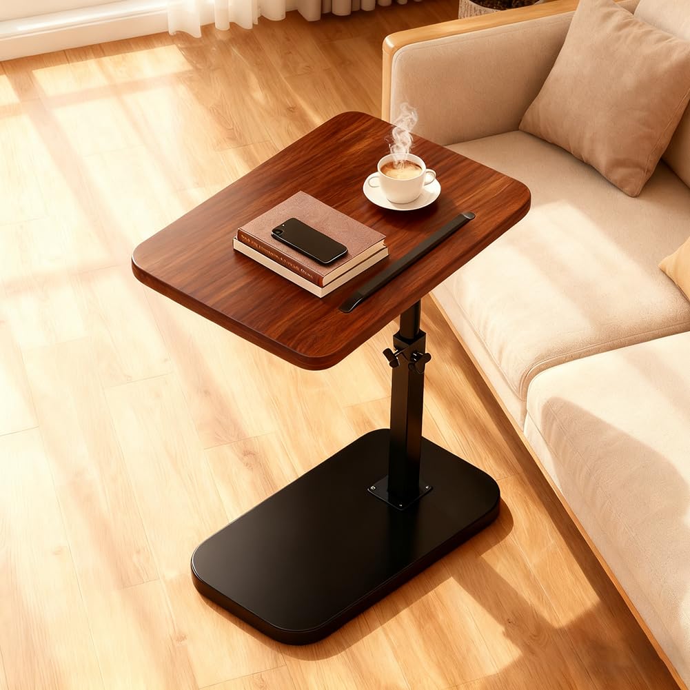 Tavolino girevole a 360°, a forma di C, regolabile in altezza, tavolino da caffè con struttura in metallo, salvaspazio per piccoli spazi, con supporto per smartphone e tablet (marrone noce)