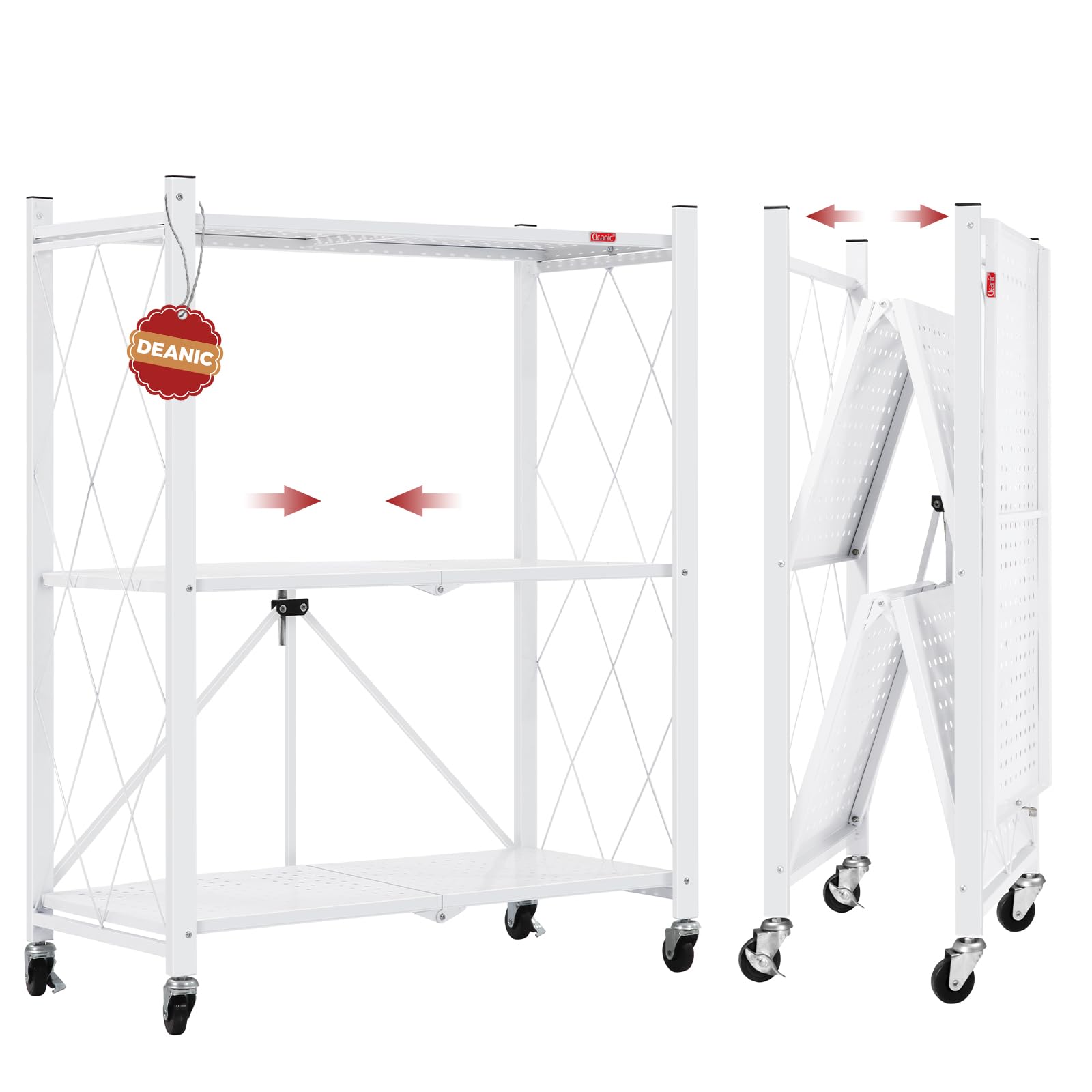 Scaffali pieghevoli a 3 ripiani con ruote, scaffalatura di grande capacità, scaffale autoportante in filo metallico, senza montaggio per garage, cucina, seminterrato, dispensa, resistente, bianco