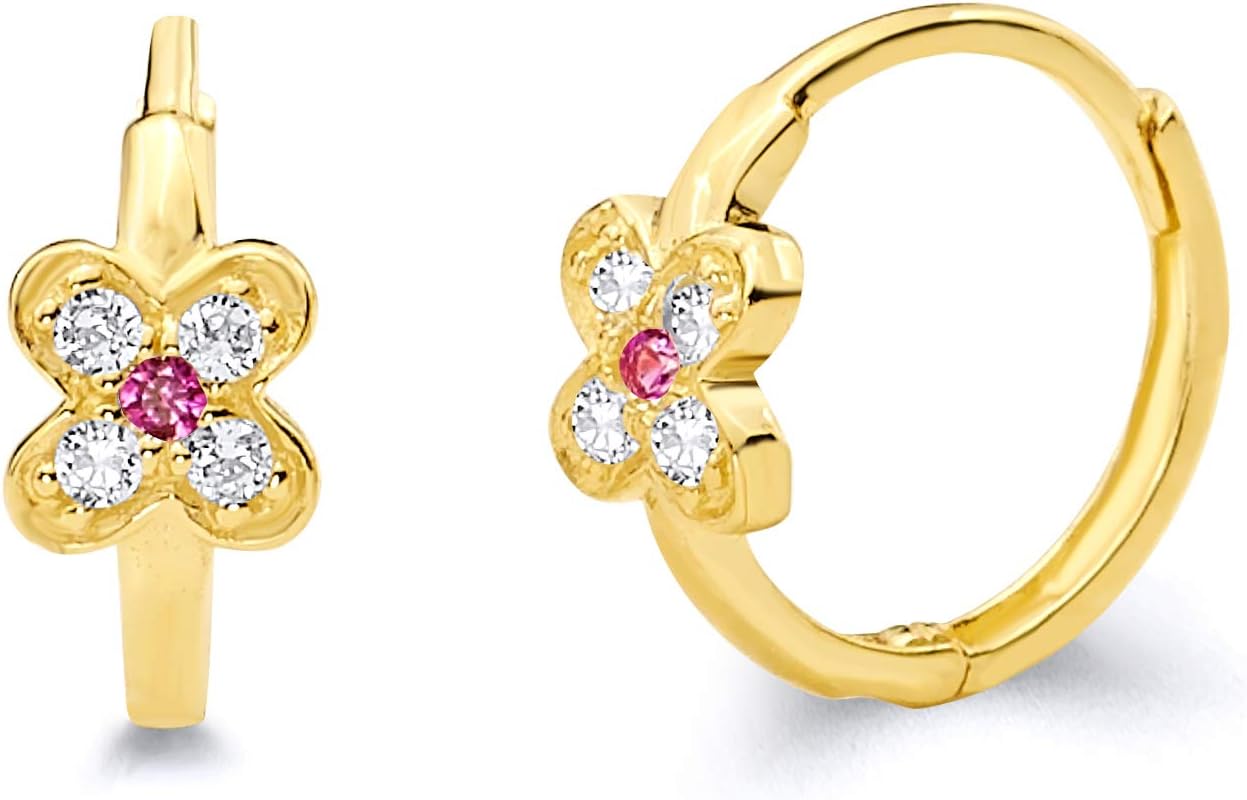 14k Yellow Gold Flower CZ Huggies Earrings (10 x 10 mm)