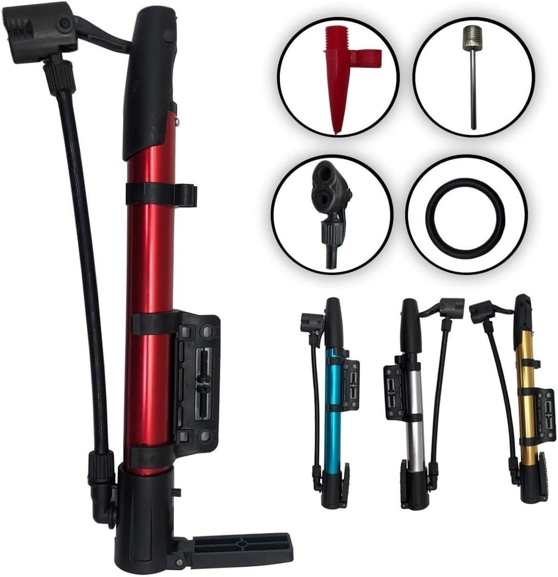 Bomba de Ar Manual Portátil Multiuso com Mangueira e Bicos Adaptadores para Bola, Pneu de Bike, Moto, Piscina e Colchão Inflável, Compacta e Leve, Fácil de Usar – Linha Premium