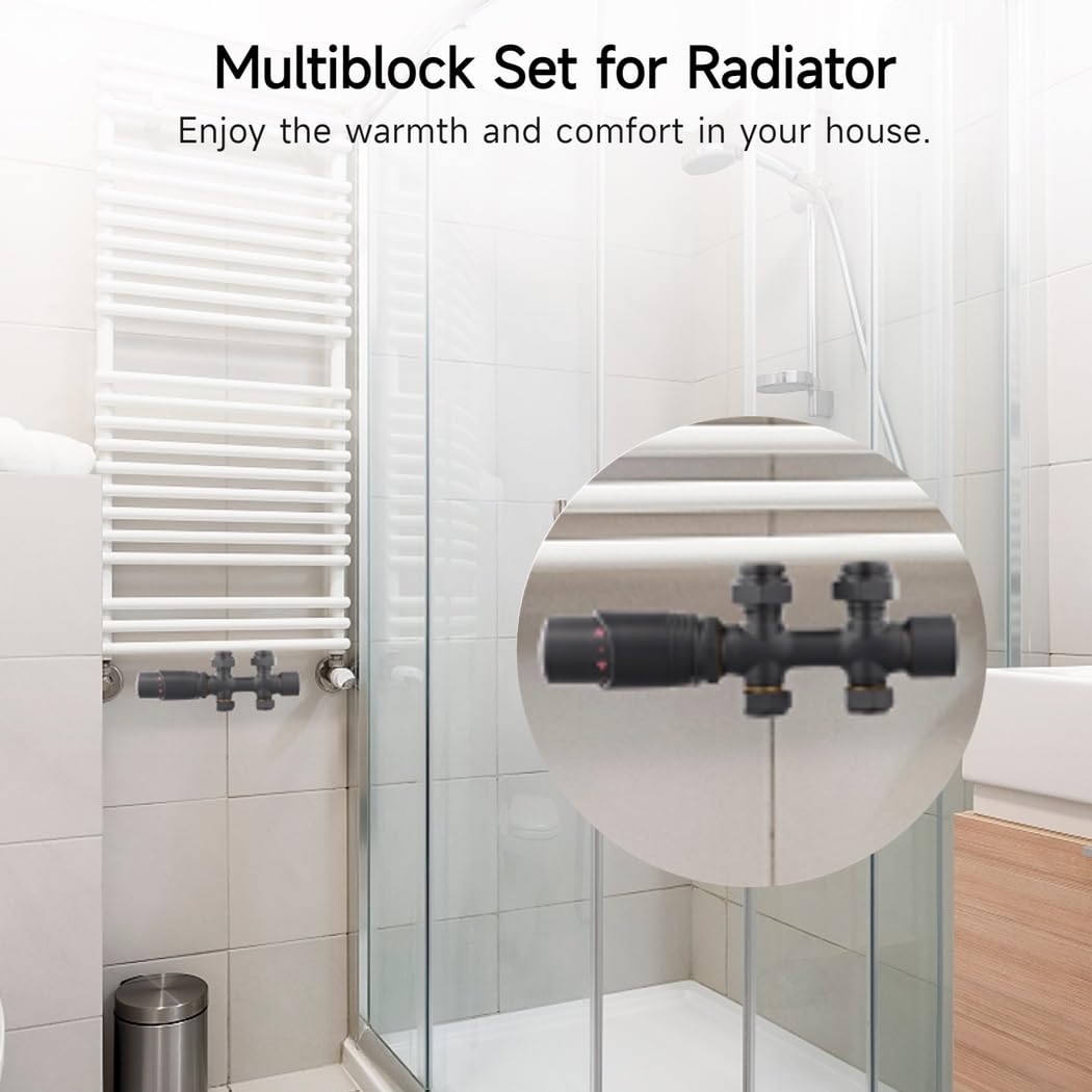 Multiblock-Set für Heizkörper, Mittelanschluss-Ventilblock mit Thermostatregler, Eck- und Durchgangsanschlussstück, Heizungszubehör für Badezimmerheizkörper, 50 mm Anschlussabstand