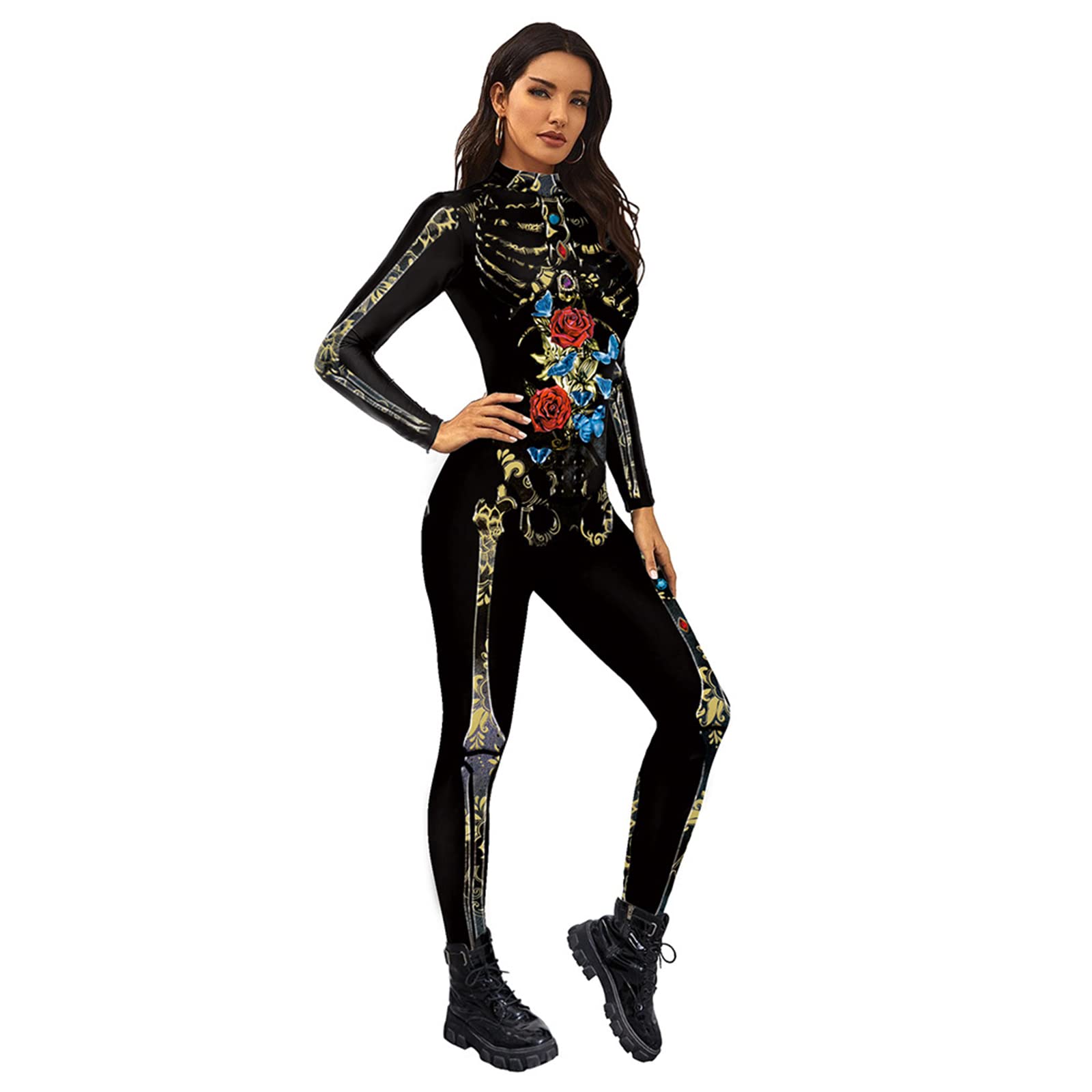 Tuta Costume Halloween Donna Scheletro 3D – Body Stampato Maniche Lunghe, Cosplay Carnevale Super Elastico