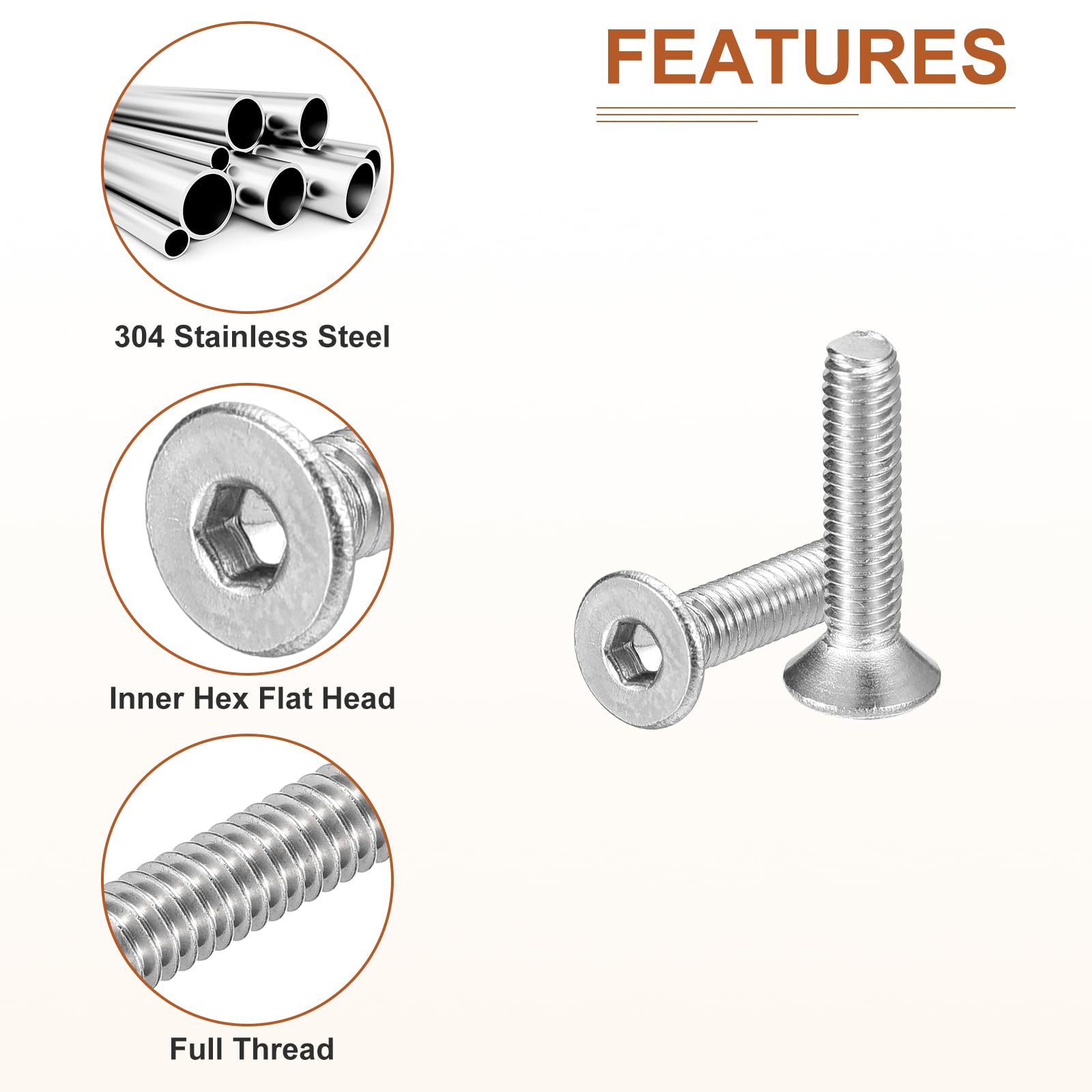 DTGN M3-0.5 x 14mm Flat Head Socket Cap Screws, 100 Pack 304 Stainless Steel Hex Socket Flat Head Screws, Full Thread - Image 4