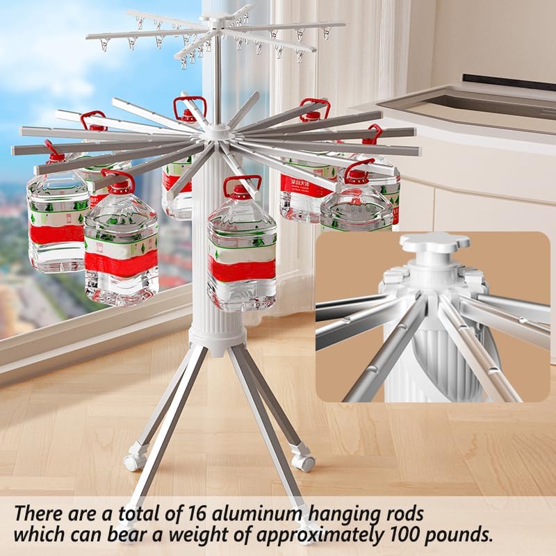 Miniatura 6 de Tendedero plegable para interiores y exteriores, estante de secado plegable, 2 niveles de aluminio, 24 ganchos y 16 barras colgantes