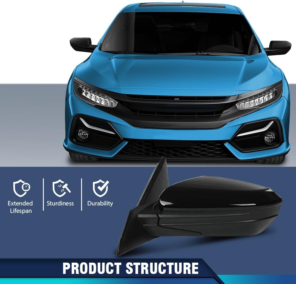 PIT66 Left Driver Side Door Mirror Compatible with Honda Civic 2016-2021 Power Mirror, With Heated, 5-Pin Manual Folding Glossy Black HO1320284