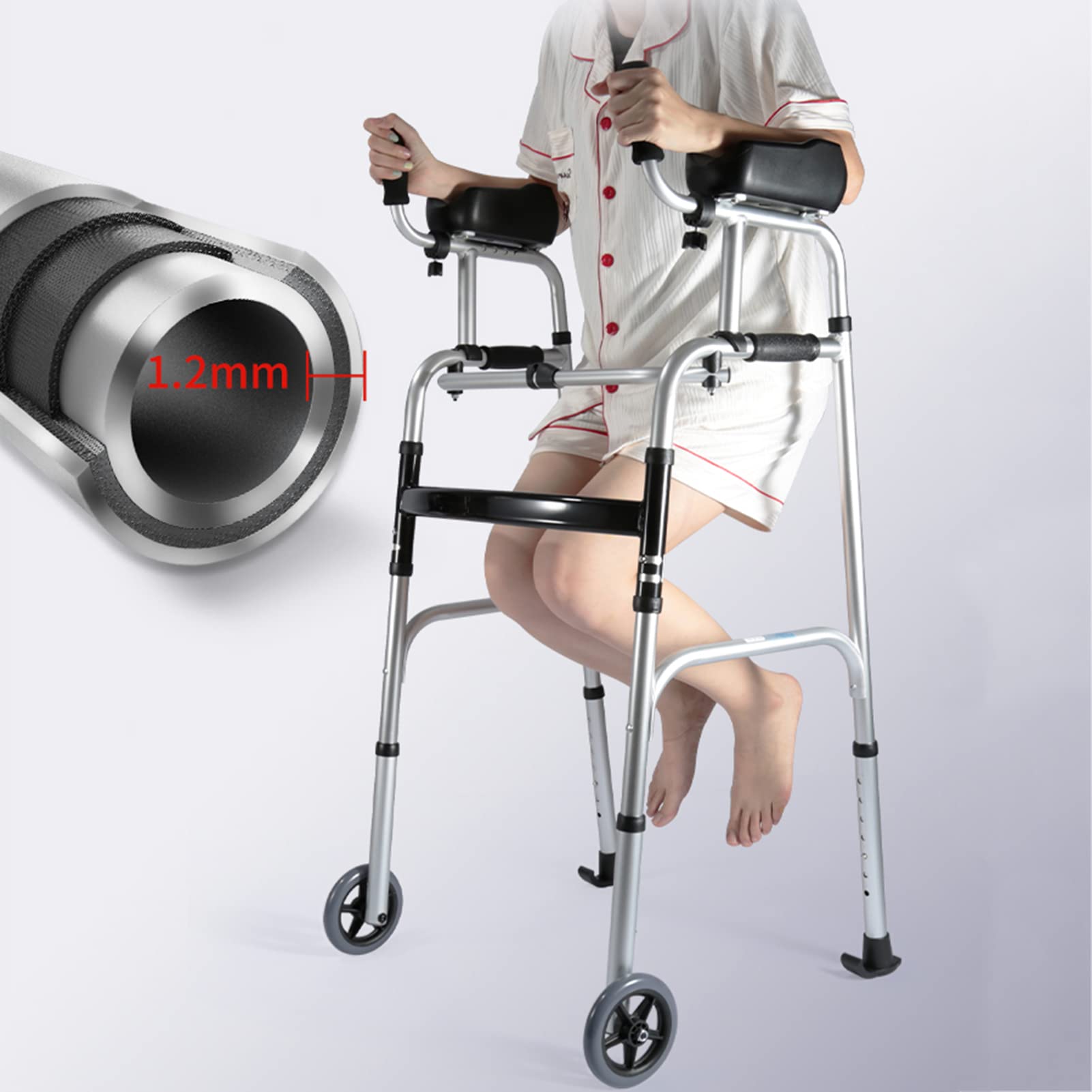 Soporte de marco para caminar para adultos, soporte vertical para antebrazo con ruedas y soporte de reposabrazos desmontable, aleación de aluminio para ancianos y discapacitados