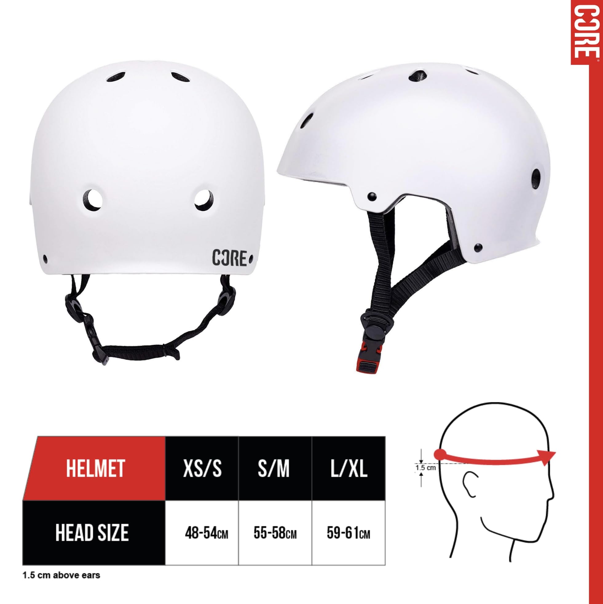 CORE Protection Action Sports Helmet Skate/BMX/Bike/MTB/Roller Derby/Scooter - White, S/M, S/M 55-58cm - Image 2