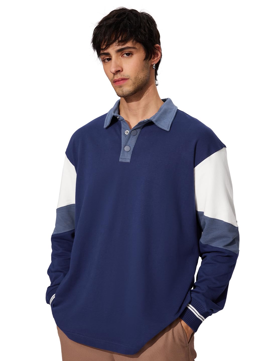 The Souled StoreSolids: Orient Colourblock Men and Boys Long Sleeves Collared Neck Cotton Oversized Rugby Polos