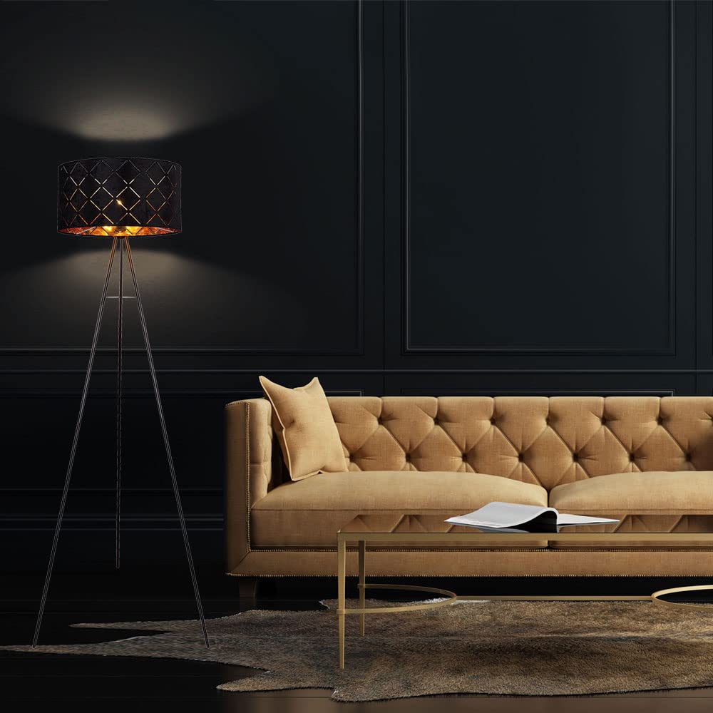 LED Stehlampe Stehleuchte Beistelllampe Wohnzimmerlampe Schlafzimmerleuchte Stativleuchte, 3 Beine textilschirm schwarz gold, 9W 810 lm warmweiß, DxH 69x149cm