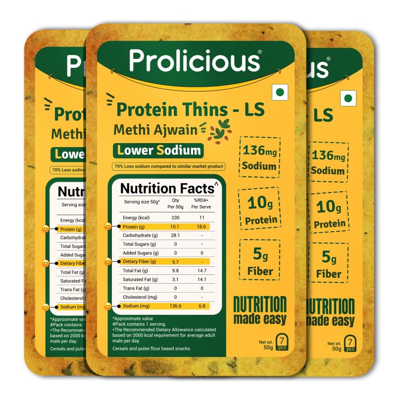 Image of Prolicious Healthy Protein Thin Chips| 5g Protein & 5g Fibre |Vegan Snack|Jain |No Maida |No Palm Oil| 50g (Pack of 3)| Low Salt Methi Ajwain