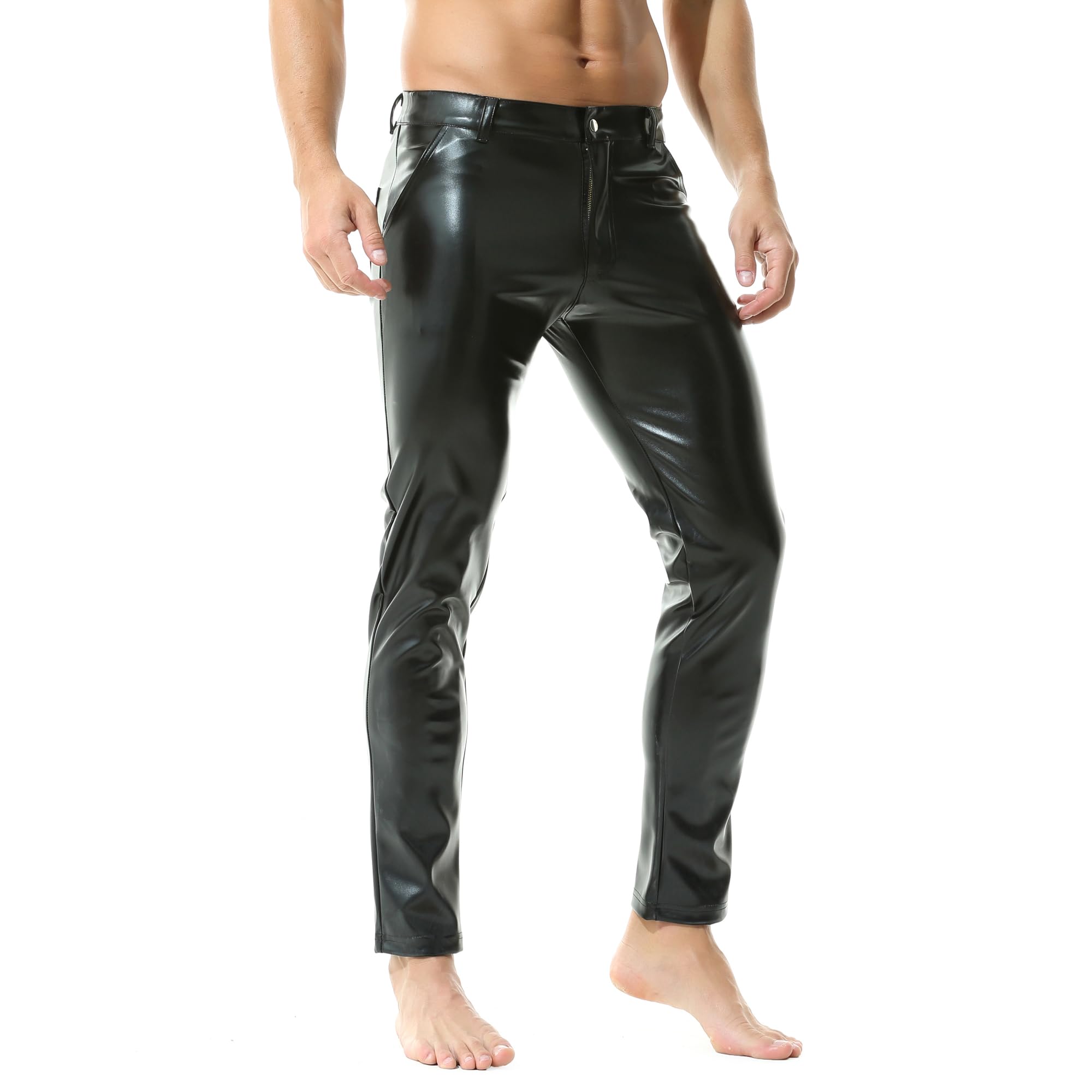 YUFEIDA Pantaloni da uomo in pelle classica effetto bagnato solido pantaloni in pelle PU tasche con cerniera slim fit pantaloni a matita caldi pantaloni legging per moto, cosplay, danza, palcoscenico