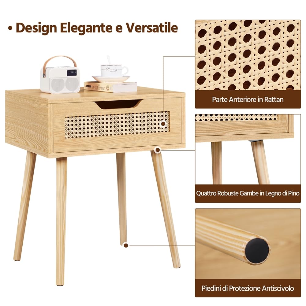 Yaheetech Comodino da Camera da Letto Comodinio con Cassetto in Rattan Comodino da Notte Stile Scandinavo Organizzatore da Letto Moderno Tavolino da Salotto in Legno 48,5 x 41 x 57,5 cm Marrone Chiaro
