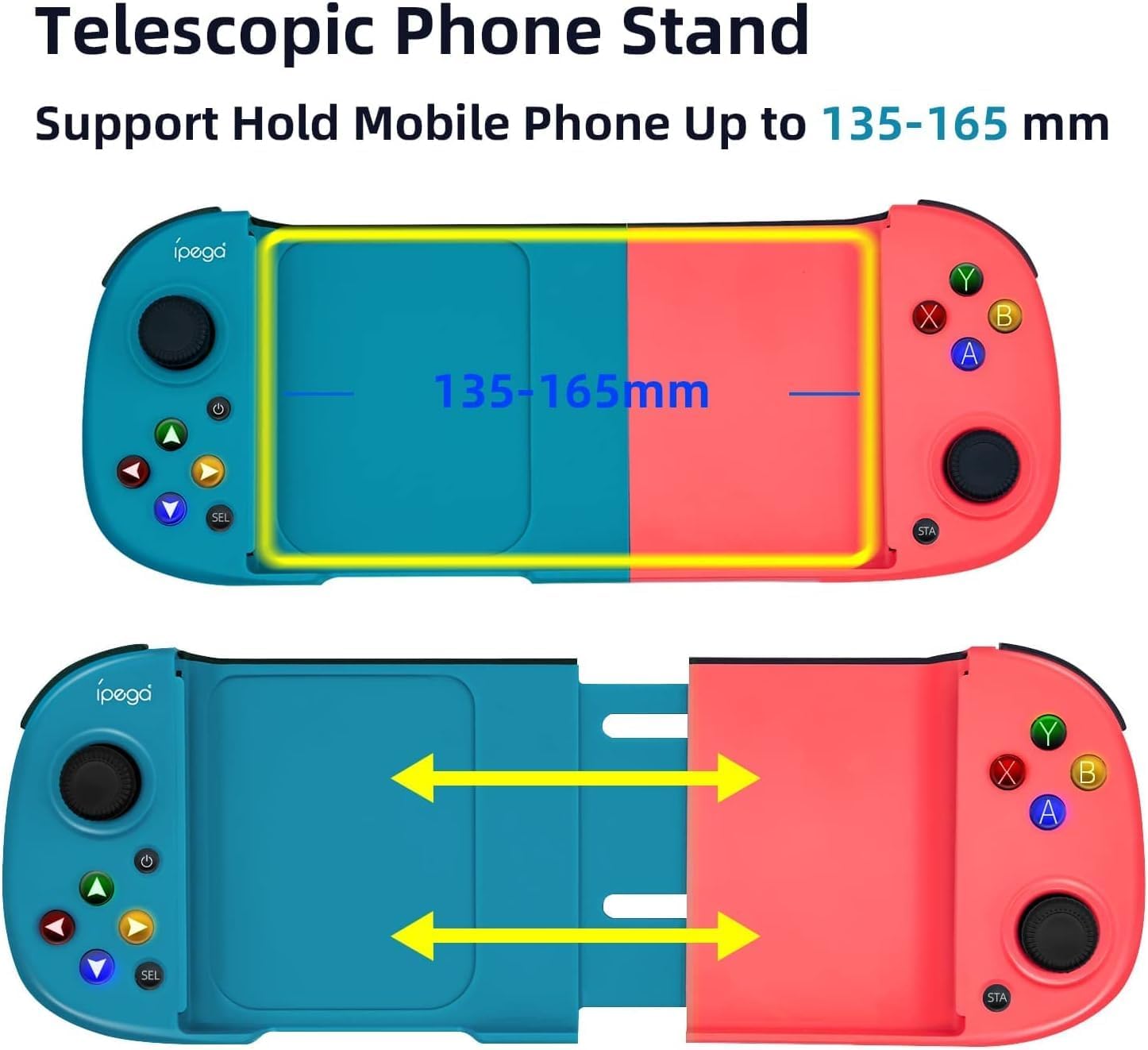 Diagram showing the telescopic phone stand mechanism and supported phone dimensions.