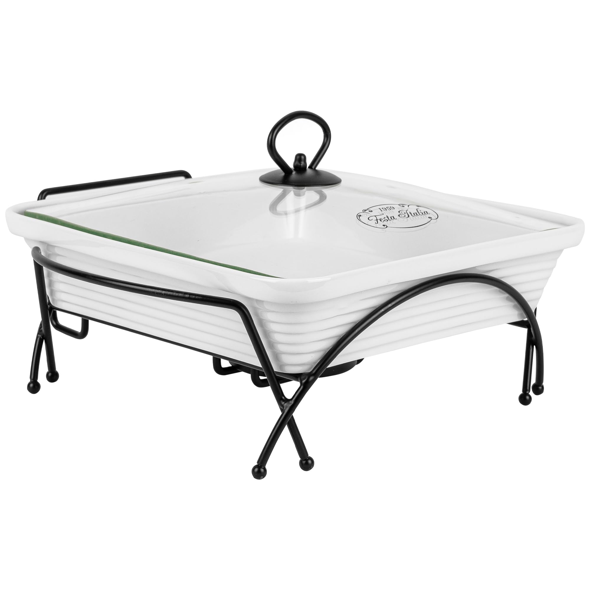Auflaufform Keramik mit Deckel - 2.3L - Lasagne Quadratisch Form - Weiss Auflaufformen mit Ständer Tealight - Ofenform - Backform - Lasagneform - Casserole Dish - Großkeramik