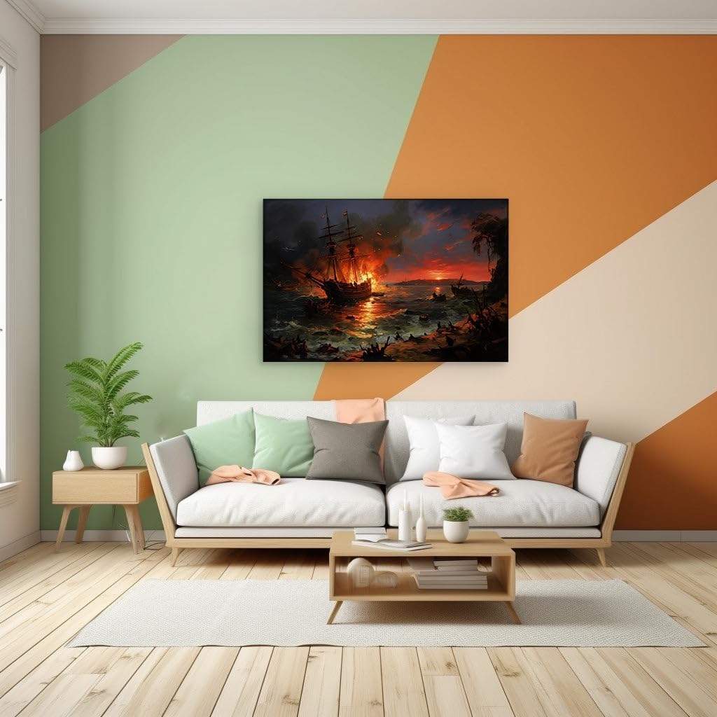 Canvas for Living room. Desperate Escape from a Fiery Fate at Sea, 27 x 18 inch Canvas Wall Art - Ready to Hang