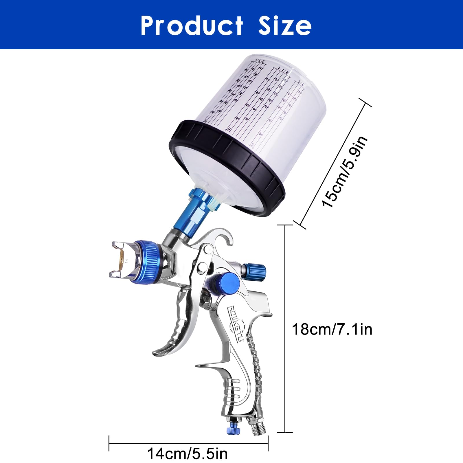 Professional HVLP Spray Gun, 1.4/1.7/2.0mm Nozzle HVLP High Atomization Flow Adjustable Pneumatic Gravity Spray Gun Blue - View #10