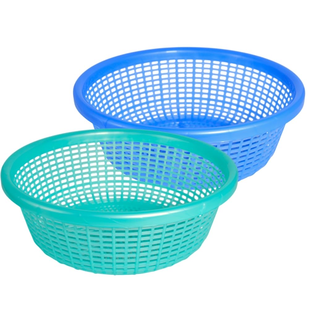 Morvi Avika Small Multipurpose Round Organizer Plastic Storage Baskets| Kitchen, Bathroom, Office & Home – Durable, Stackable,Strainer Tokri For Fruits, Vegetables, Toys| Set of 2 | BLUE GREEN-image-3