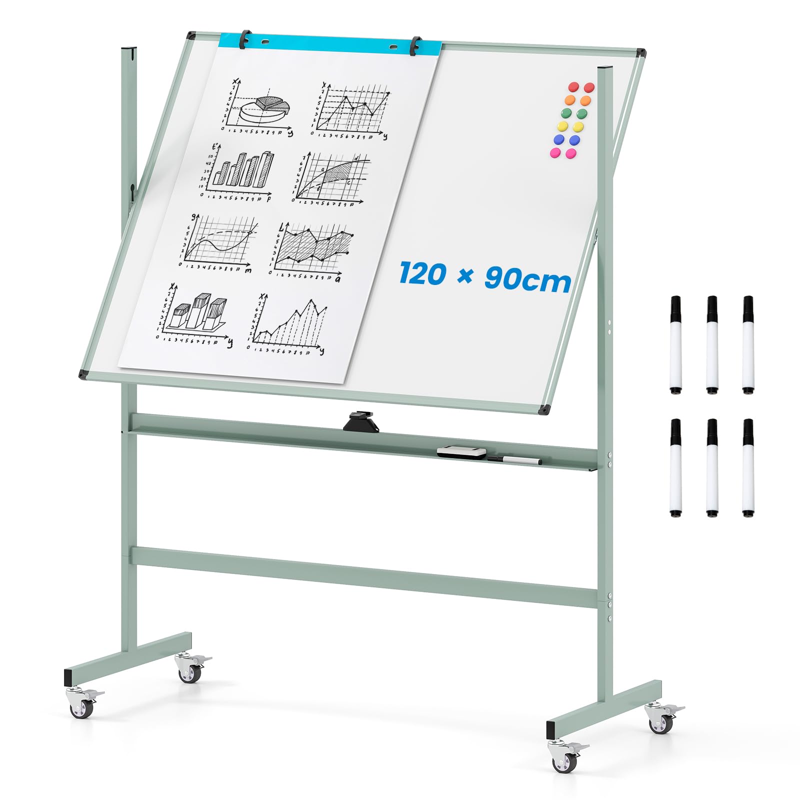 GOPLUS 120x90cm Mobiles Whiteboard mit Ständer & Flipchart, Höhenverstellbares doppelseitiges Whiteboard mit abschließbaren Rollen, um 360° drehbare magnetische Tafel mit Alurahmen & Zubehör(Grün)