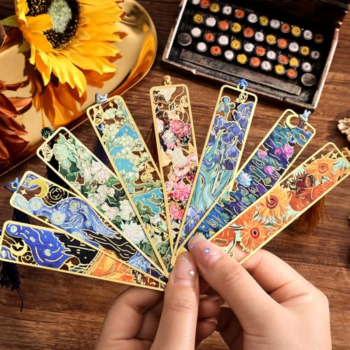 icceemee 8 Pieces of Gold Hollow Bookmarks with Tassels, Featuring Van Gogh and Monet Oil Painting Themes. Perfect for Book Lovers, Writers, Readers, Children, Teenagers, Men, Women, and Adults (8) - Thumbnail 6