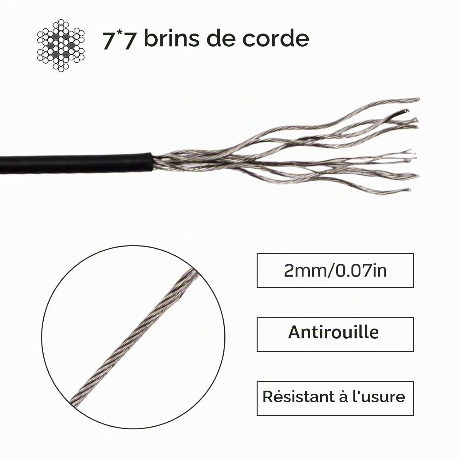50m Câble Métallique 3mm, Câble Acier Inoxydable 7x7 PVC Enduit avec 8 Serre Câbles Acier, 20 Boucle de Sertissage en Aluminium, Fil de Suspension pour Cadre Rideaux Jardin Extérieur (Noir-3mm)
