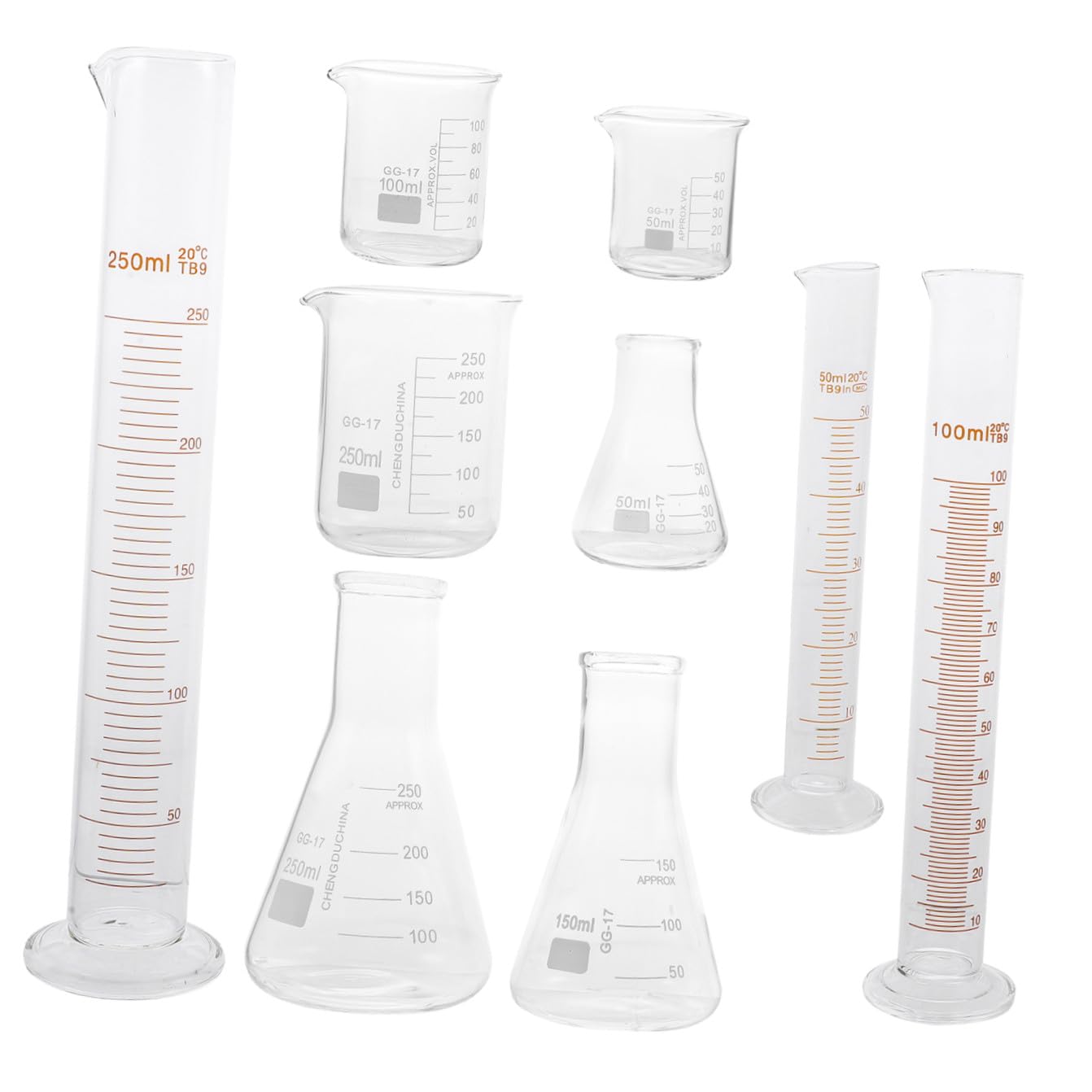 Set 9 Pezzi Cilindri Graduati in Vetro per Laboratorio Resistenza Alta Temperatura e Nessuna Perdita Laterale, Capacità 50ml-250ml per Applicazioni Scientifiche