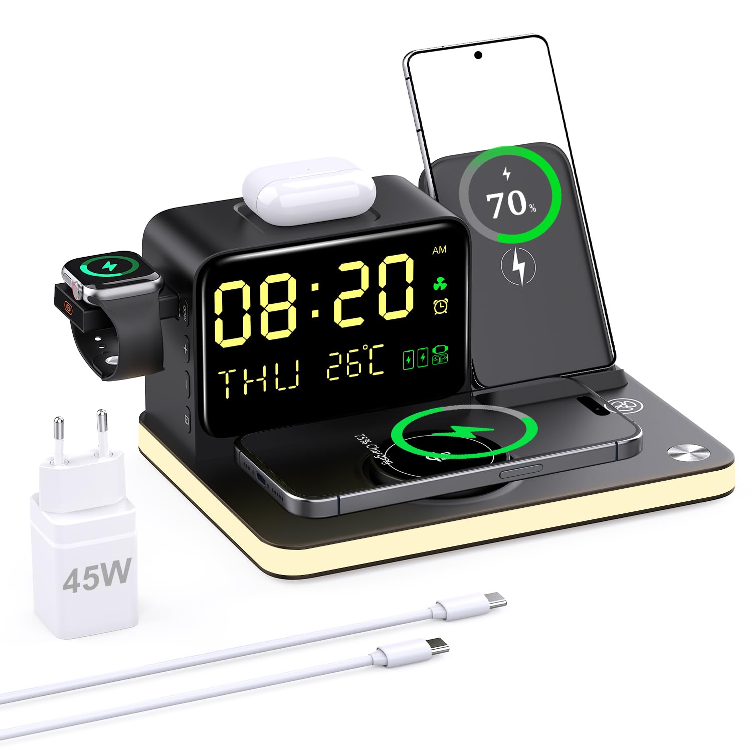 Caricabatterie wireless 7 in 1, 25 W, per cellulare/orologio/cuffie con