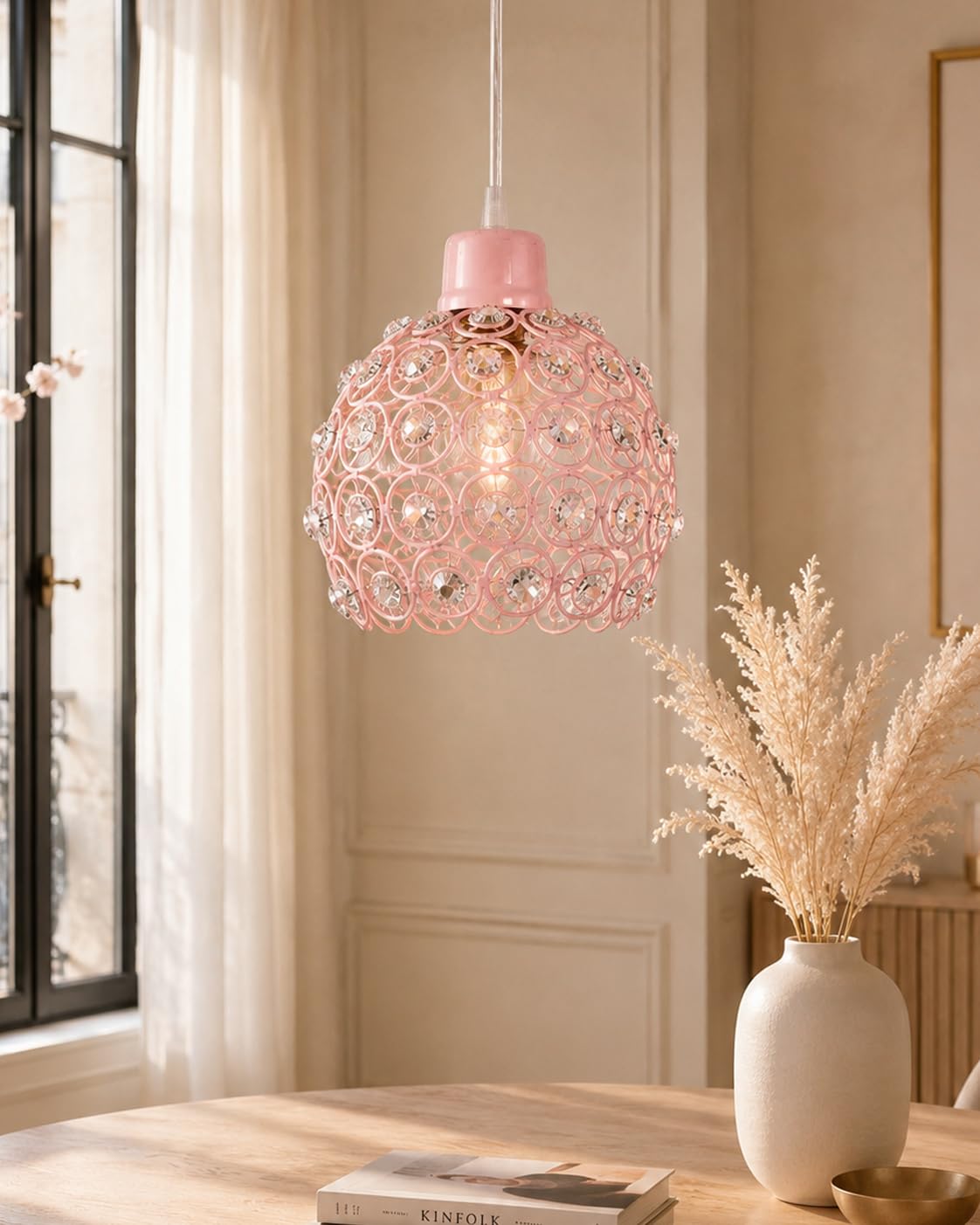Homesake® Crystal Dual Half Globe Pendant Light, Black Metal Chandelier with Pink Crystal Accents, Modern Hanging Ceiling Light Fixture for Living Room, Dining Room, Bedroom, Foyer & Hallway-image-17