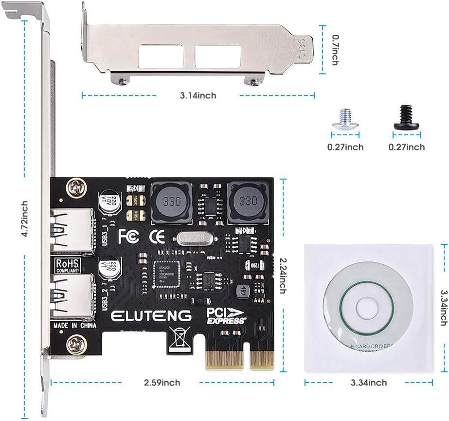 ELUTENG PCIe USB 3.0 card with its dimensions, mounting screws, and driver CD shown.