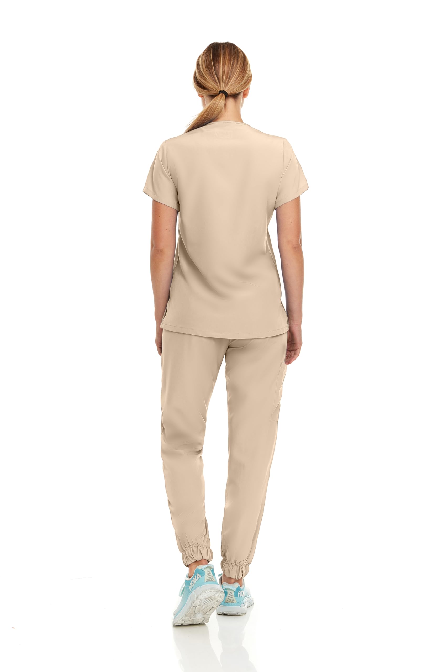 Hey Collection Womens Stretch V-Neck Jogger Scrubs Set, Medical Nursing Tops with Four Pocket Pants, Khaki, Medium