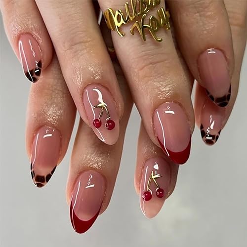 Cherry French Tip Press-On Nails, Glossy Natural Pink with Red