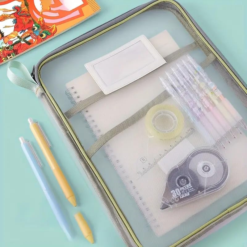 Image of A4 Mesh Zipper File Folder Organizer with 3-Layer Separation - Dustproof Document Bag with Label Pocket, Lightweight Portable Pouch for Office, School, Students (Random Color Set of 2)