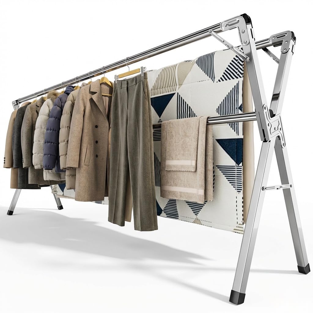 Wäscheständer aus Edelstahl klappbar, verstellbar 140–240 cm | Wäschetrockner Für Innen- und Außenbereiche, Jede Stange bis 60 kg belastbar, mit 40 Winddichte Kleiderhaken