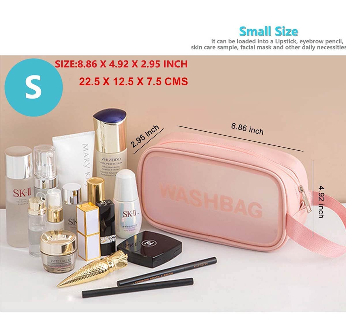 TS WITH TECHSUN PVC Makeup Pouch Travel Toiletries Organizer Cosmetic Bags Portable Organizer Case Carry Pouch for Women Bathroom, Travel Essentials, Toiletry Bag (Small, Pink) 4