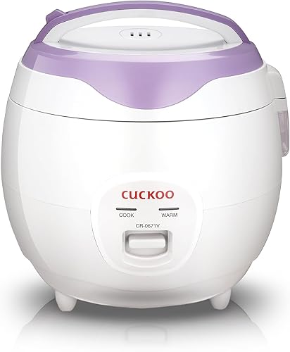 Cuckoo CR-0671V - Olla arrocera eléctrica básica de 6 tazas y calentador, olla interior antiadherente, blanco/morado