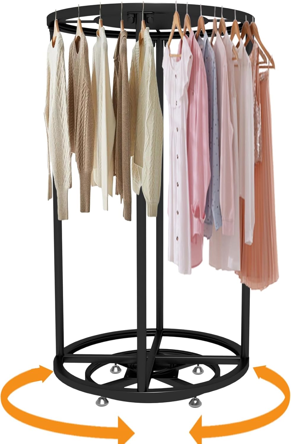 Rotatable Round Garment Display Rack, Floor-Standing Double Space Multi-Purpose Metal Shelf for Clothes Storage, Commercial Clothing Organizer in Retail Boutiques (Black, 27.6"x 51.2")