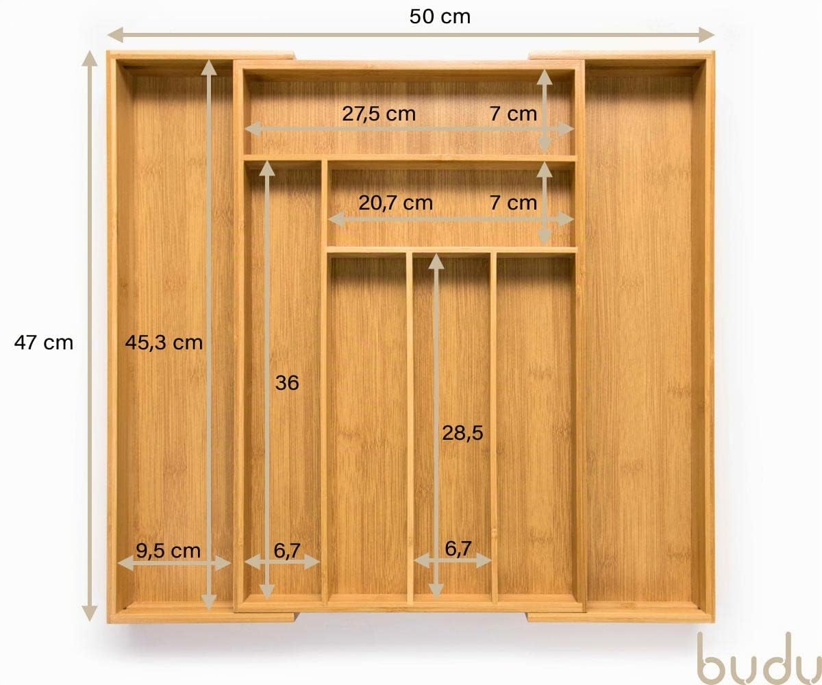 budu Organizador de Cubiertos #47 (profundidad 47 cm) de Bambú, Bandeja para Cubiertos Extensible, Cubertero Ajustable para Cajón