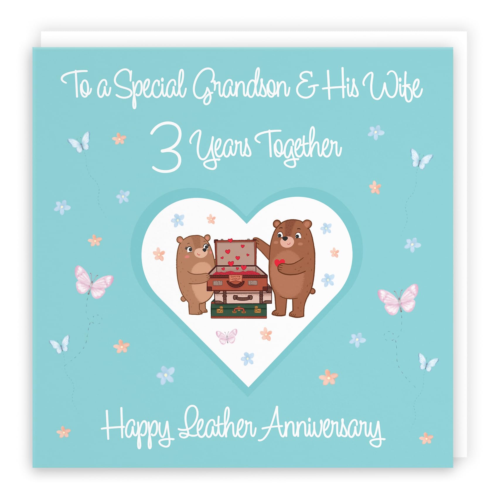 Hunts England, Grandson & Wife 3rd Anniversary Card, 3 Years, Leather Anniversary, Romantic Meadows, Fun Card