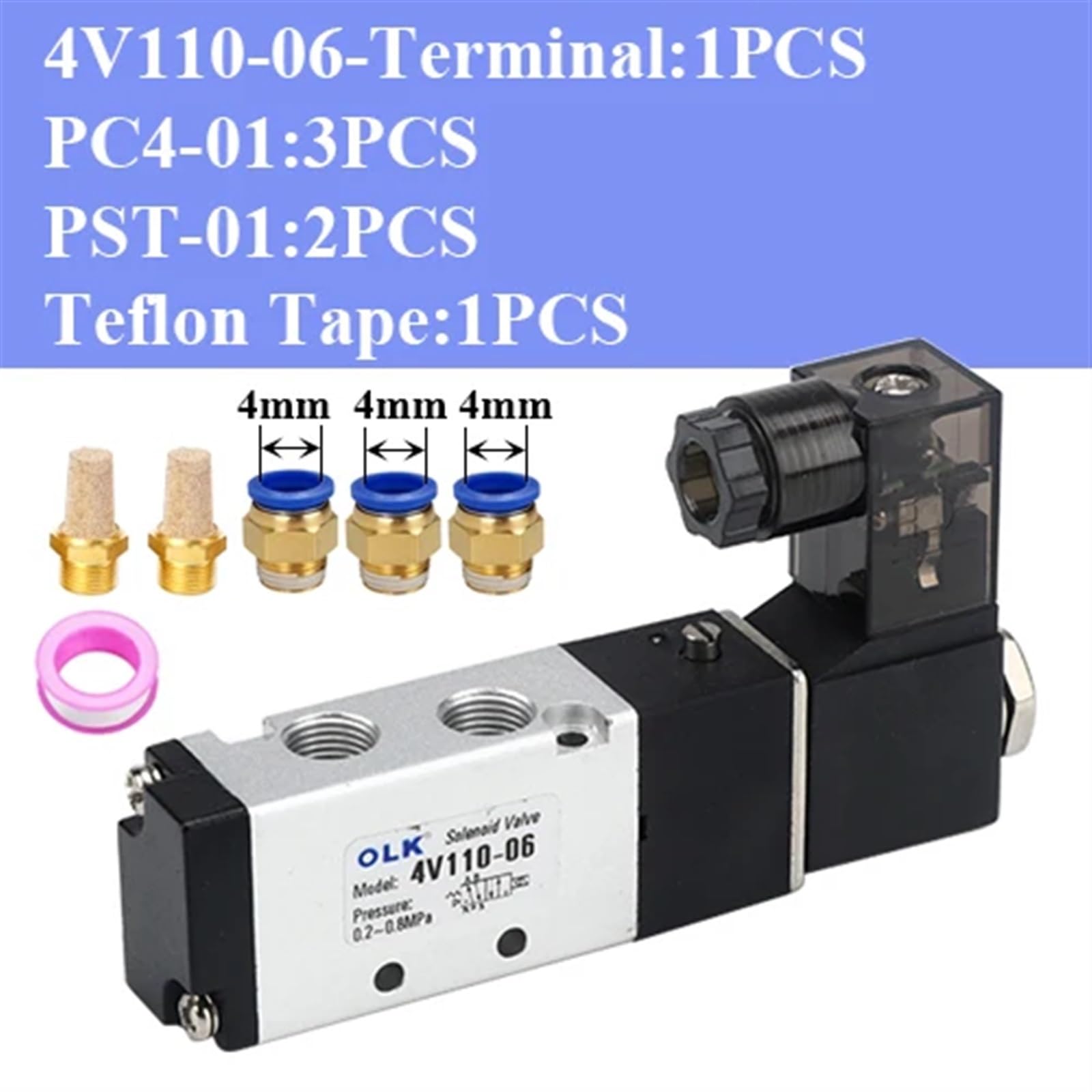 Válvula Solenoide de Aire 4V110-06 1/8, válvula neumática de 5/2 vías, válvulas magnéticas eléctricas de Gas de 5 Puertos y 2 Posiciones, CC de 12V, 24V, 110V y 220V(4V110-06 and 4mm,DC12V)