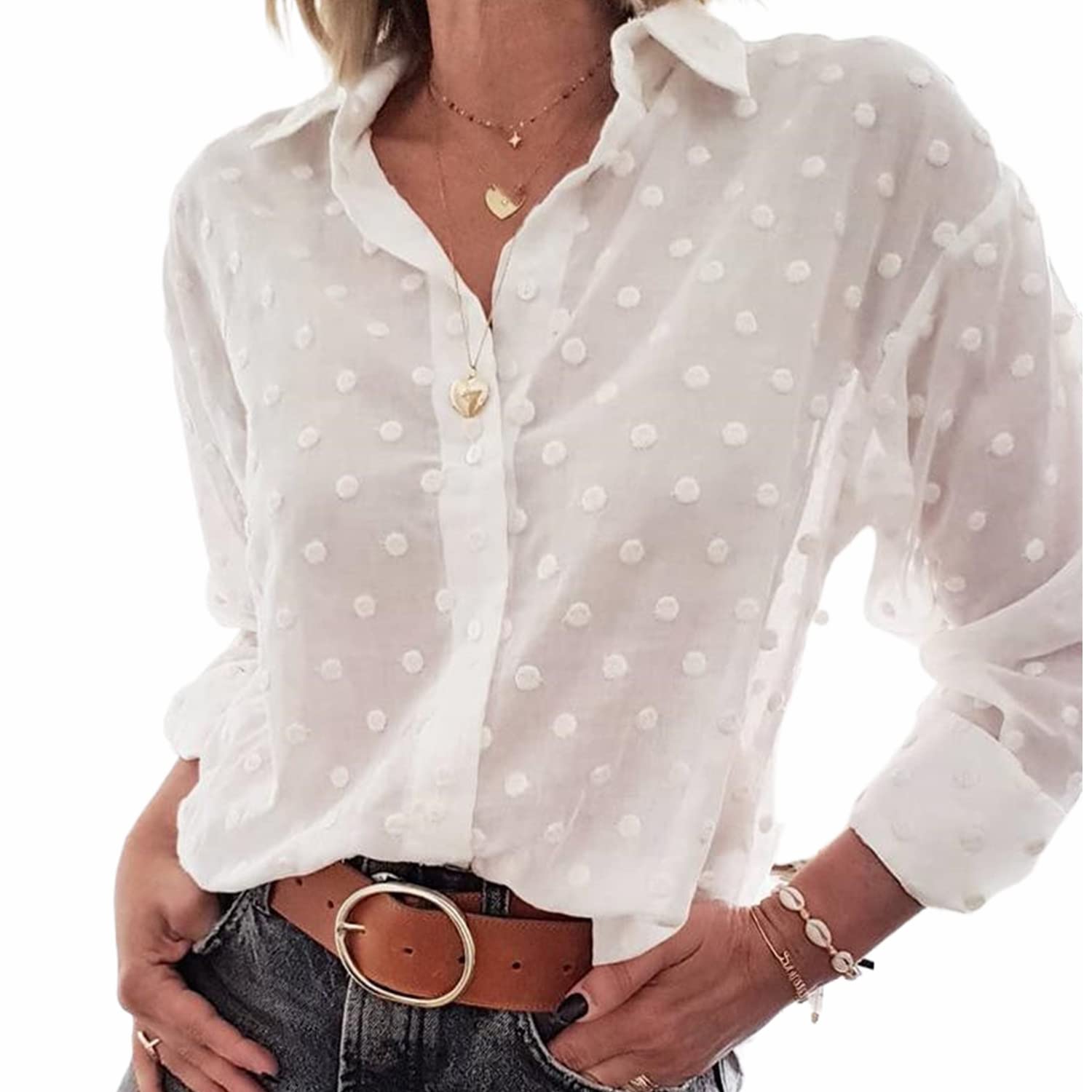 Loalirando Blusa Elegante de Mujer Camisa Informal de Lunares con Manga Larga Crop Top Transparente Suelto de Malla Camisa Casual para Primavera Verano