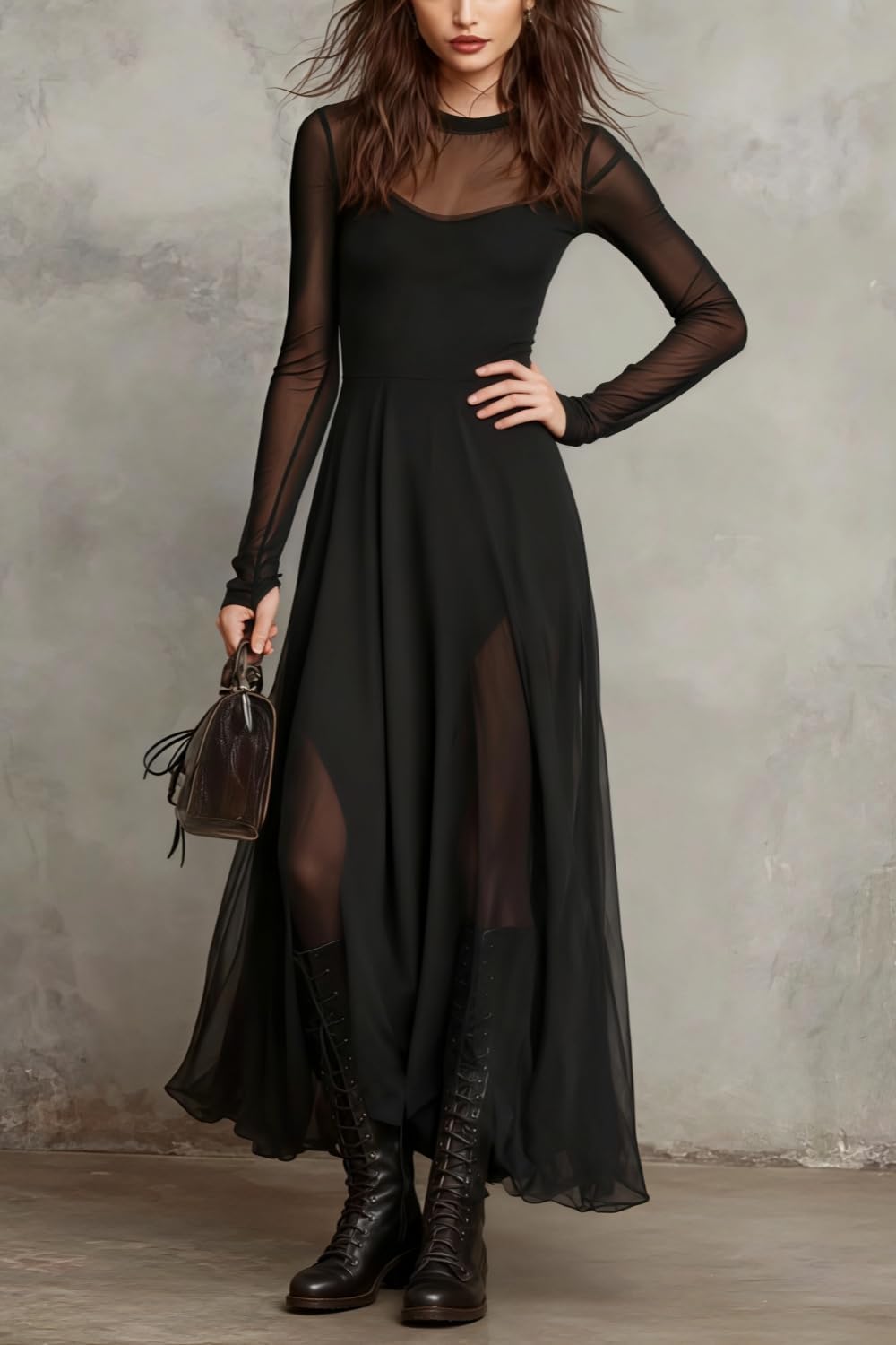 Mesh Dress for Women Retro Round Neck Sheer Fabric Maxi Dress A Line Sexy Wedding Guest Cocktail Party Modest Dresses