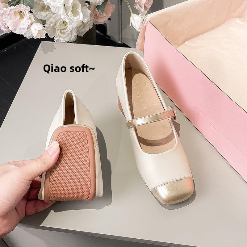 Women's Foldable Mary Jane Flats - 6cm Hidden Lift Office Shoes with Chunky Heel, Portable Travel Pumps for Business & Commute (Beige)4