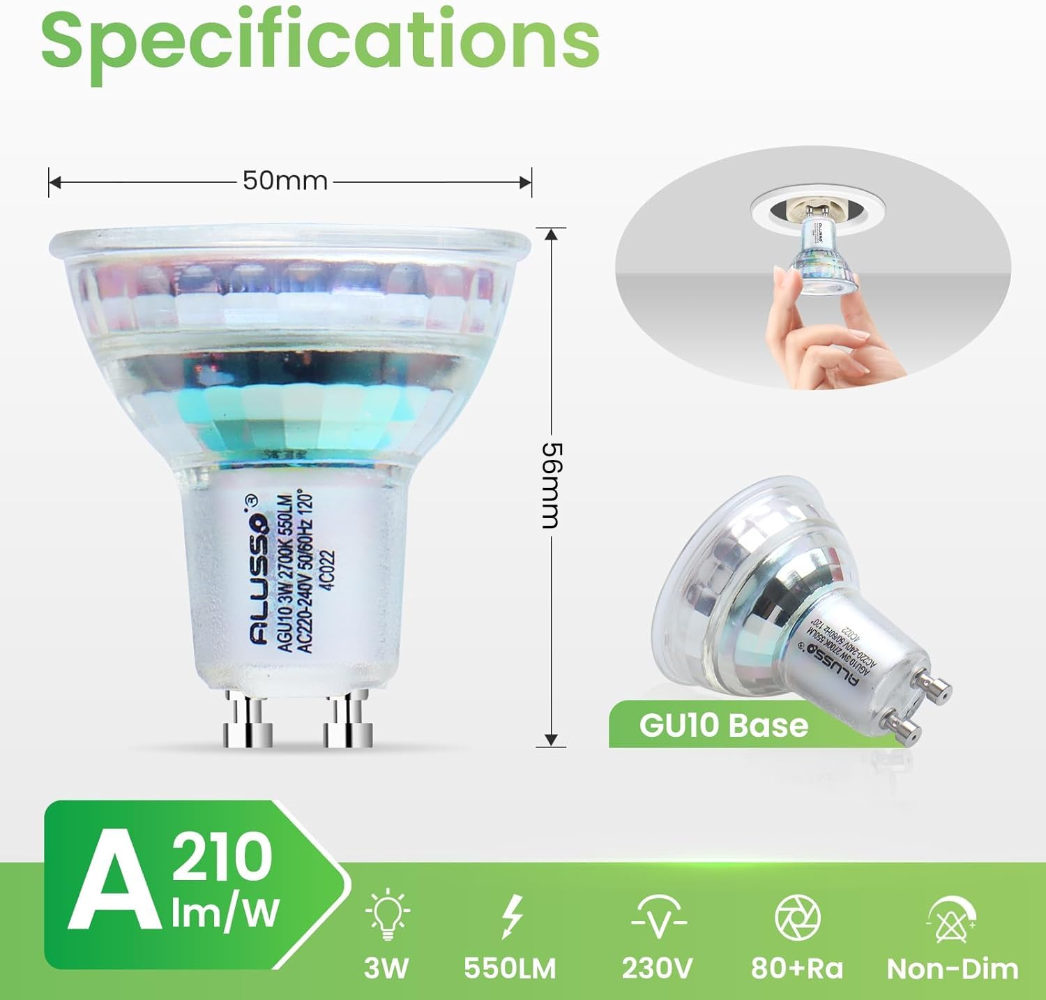 ALUSSO Class A Ampoule LED, 2700K 550 Lumens Éclairag sans Scintillement GU10 LED, Large Faisceau 120° Ampoules Spot, 3W Équivalent Halogène 60W, Non Dimmable Blanc Chaud Lampe à Réflecteur, Lot de 10
