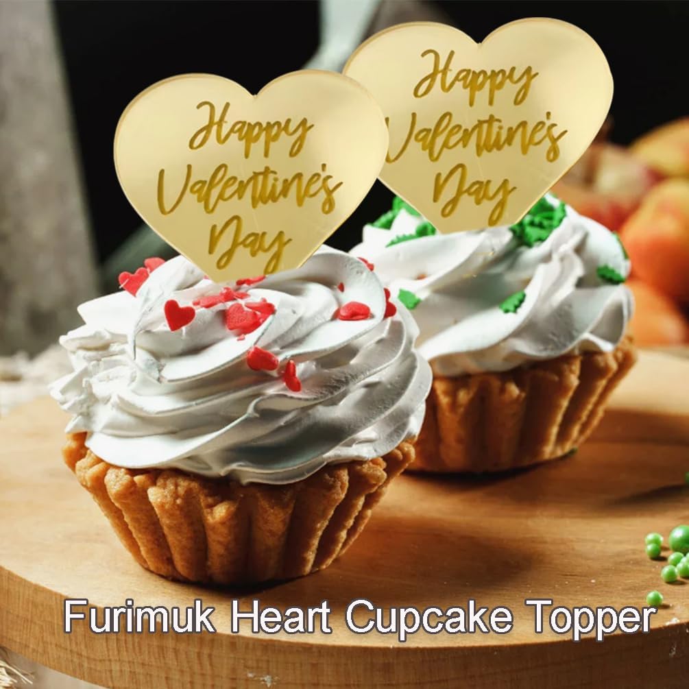 25Pcs Happy Valentine's Day Cupcake Topper Acrylic Mirror Disc Heart Cake Engraved Cake Topper Cupcake Decorations for Valentine's Day