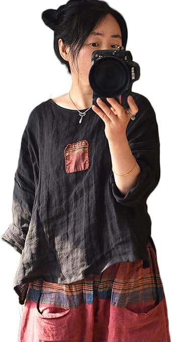 NFYM Womens Plant Dyed Linen Unique Patch Design 3/4 Sleeve Blouse Summer Tops